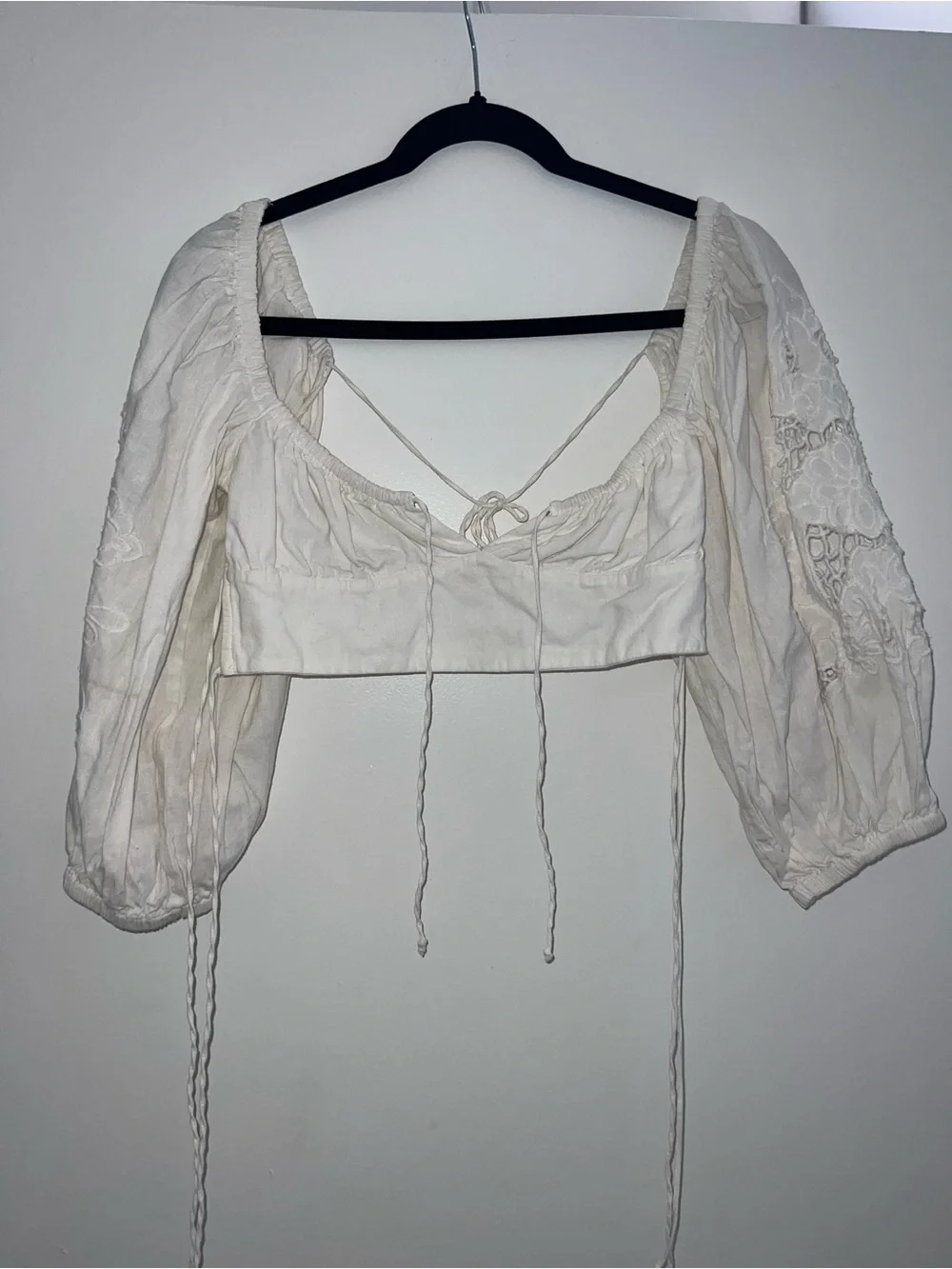 Zara White Lace Puff Sleeve Tie Front Crop Top